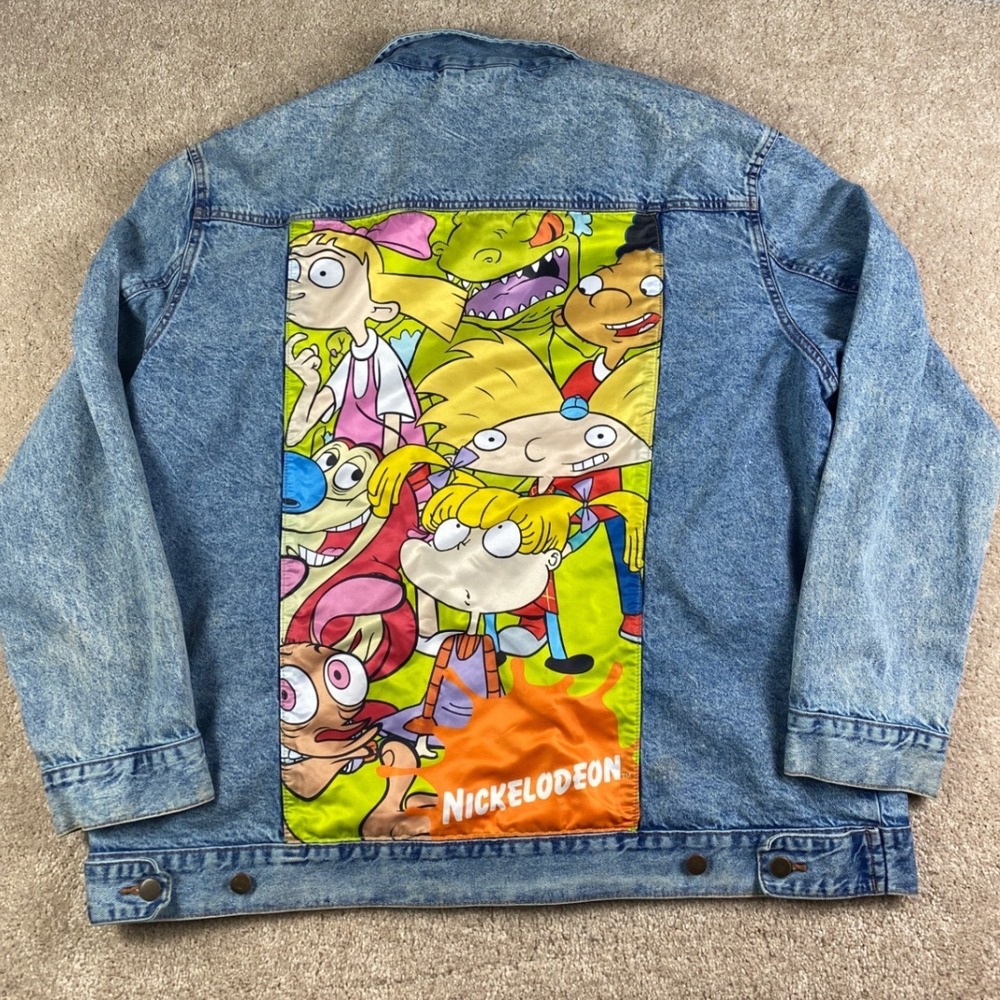 Nickelodeon Mens Acid Wash Denim Jacket 90s Cartoon Graphic Blue 2X